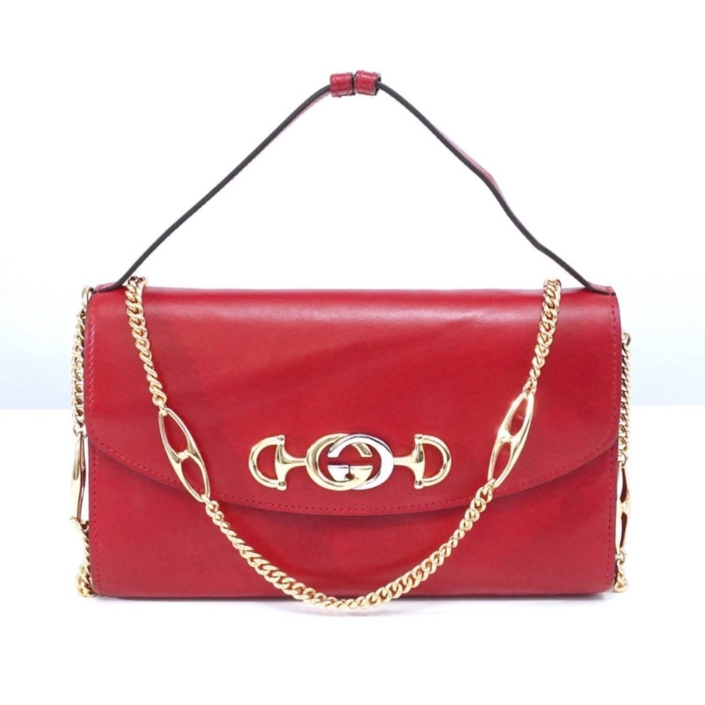 Gucci Zumi Red Shoulder Bag with Gold Chain 2 way Bag Preowned - Picture 3 of 17